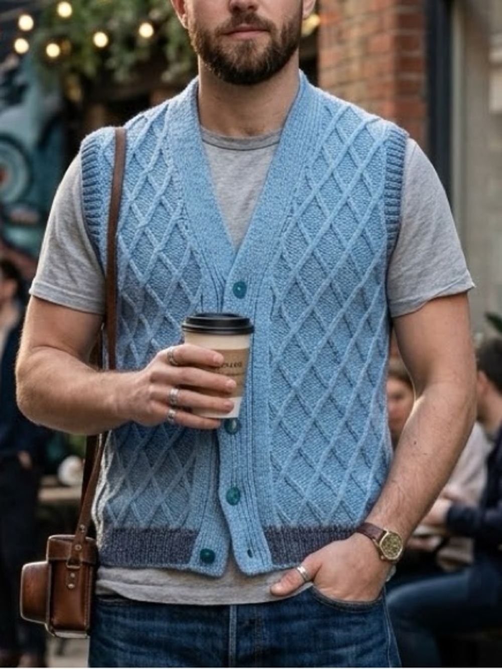 Hand Knit Baby Blue Button-Up V-Neck Sweater Vest with Raised Diamond Pattern
